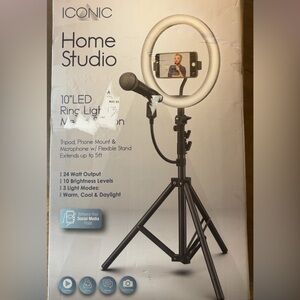 Iconic Home Studio 10" LED Ring Light with Microphone & Phone Mount - black